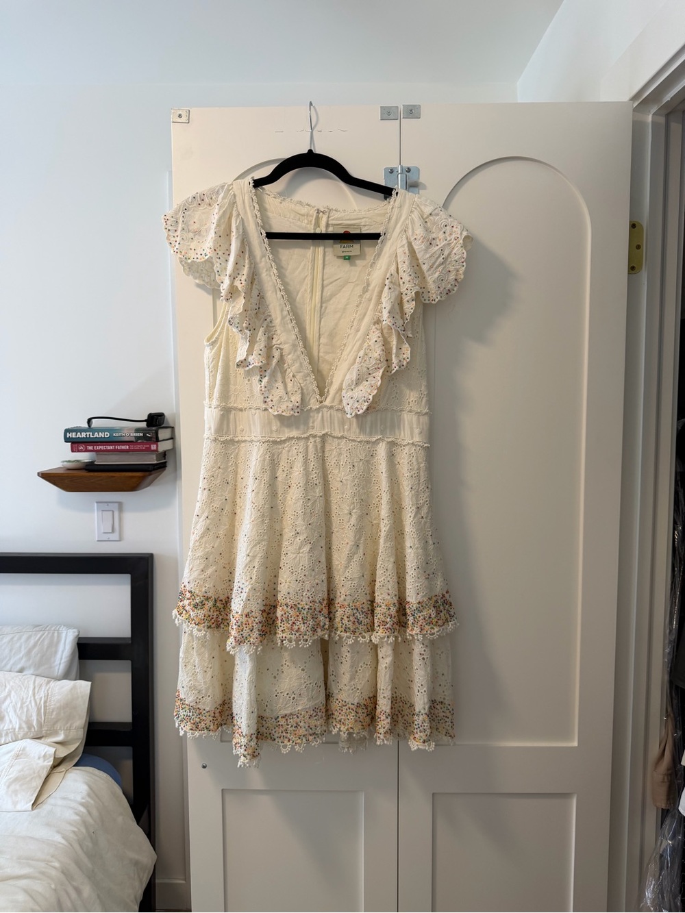 FARM Rio Cream Eyelet Ruffle Tiered Dress with Multicolor Beaded Trim